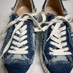 Frayed Denim Sneakers with White Laces